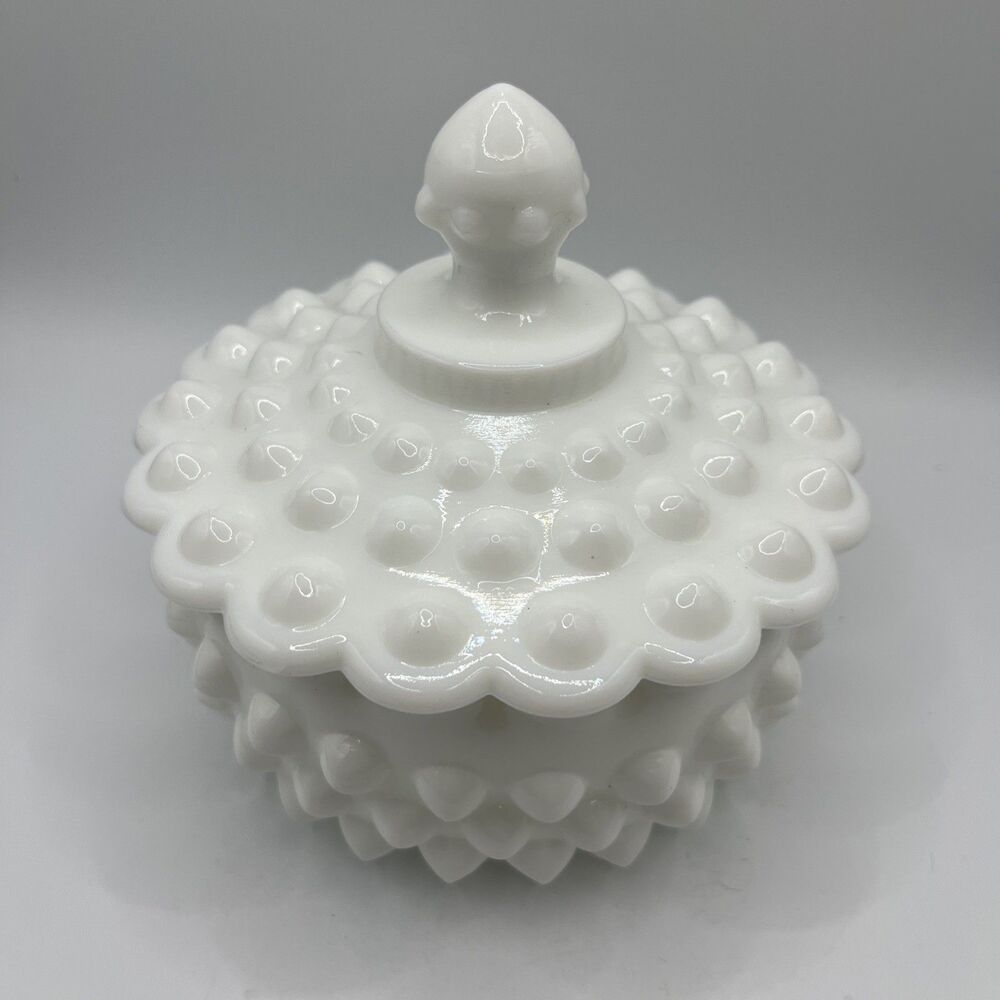 Vintage Fenton Milk Glass Hobnail Covered Candy Trinket Dish Lidded 5" White